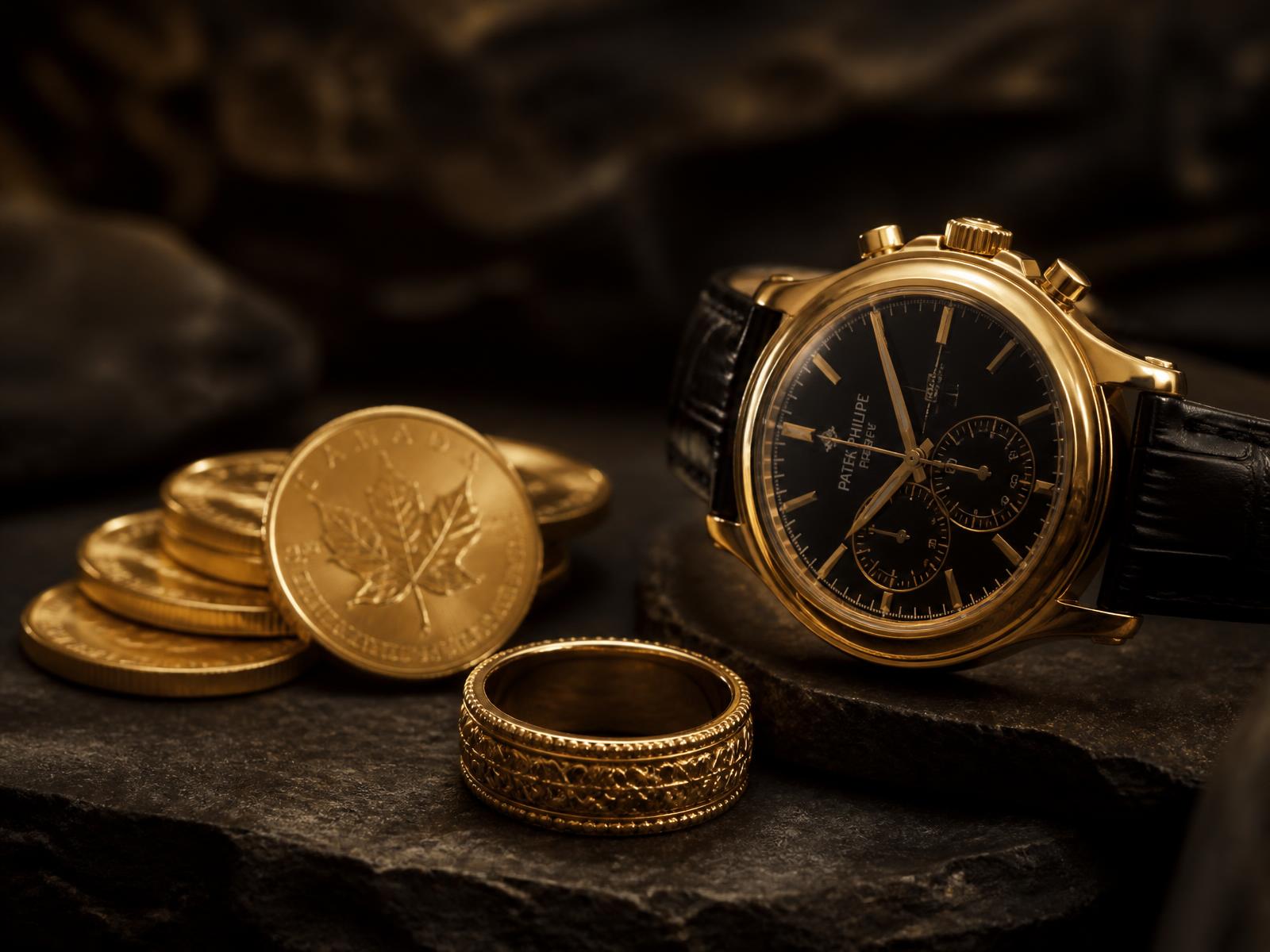 Moedas de ouro, anel e relógio de luxo sobre pedra escura